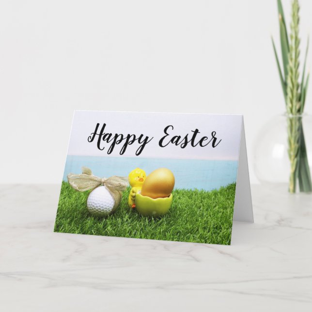 Cartão De Festividades Golf Easter with chicken in egg shell on green (Frente)