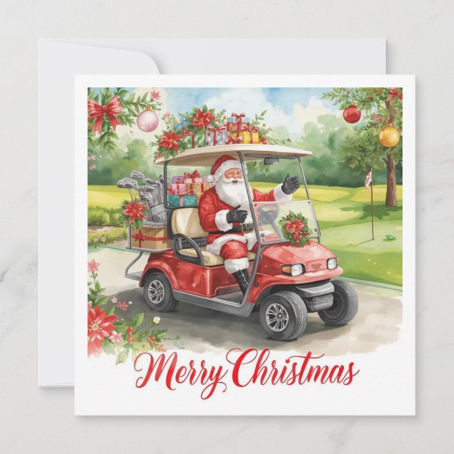 Cartão De Festividades Golf Merry Christmas Santa riding golf cart (Frente)