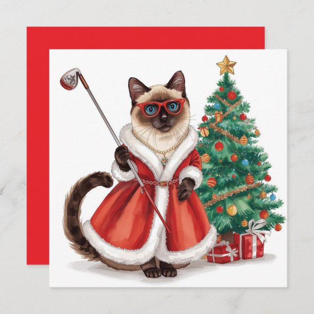 Cartão De Festividades Golf Natal temido com Golfista Gato Siamês (Frente/Verso)
