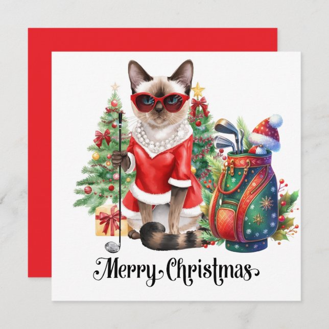 Cartão De Festividades Golf Natal temido com Golfista Gato Siamês (Frente/Verso)