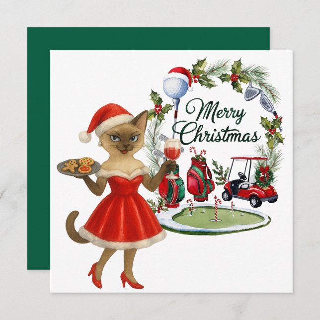 Cartão De Festividades Golf Natal temido com Golfista Gato Siamês (Frente/Verso)