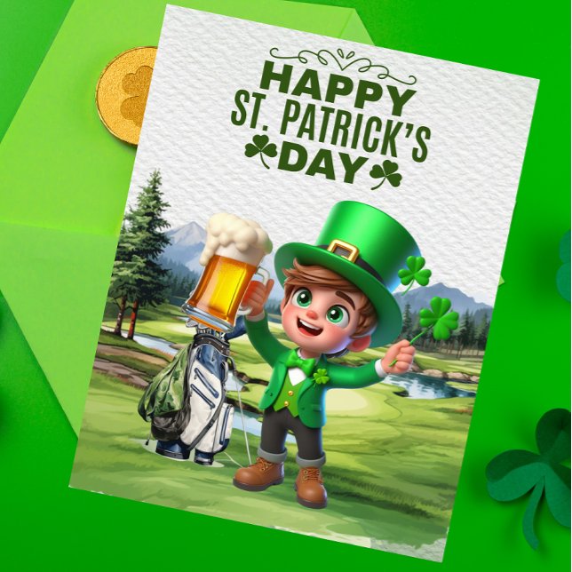 Cartão De Festividades Golfer com Cerveja e Ruas de Shamrock. Dia de Patr (Criador carregado)