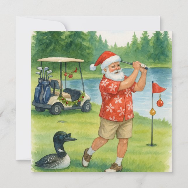 Cartão De Festividades Golfer Santa Claus is golfing at Lake (Frente)