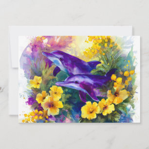 Cartão De Festividades Golfinhos do Oceano em Aquarela Flores Tropicais
