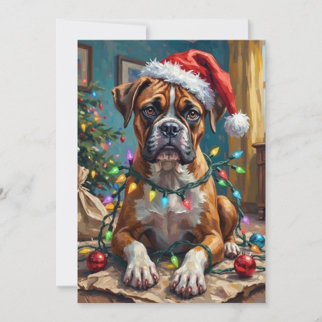 Cartão De Festividades Goofy Boxer Dog Tangled in Christmas Lights (Frente)