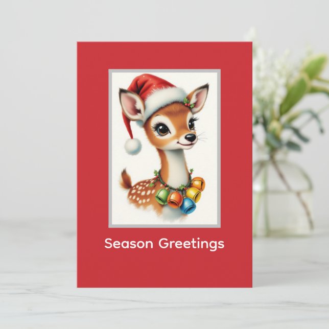 Cartão De Festividades Gorro de Papai Noel Rena Fofa  (Em pé/Frente)