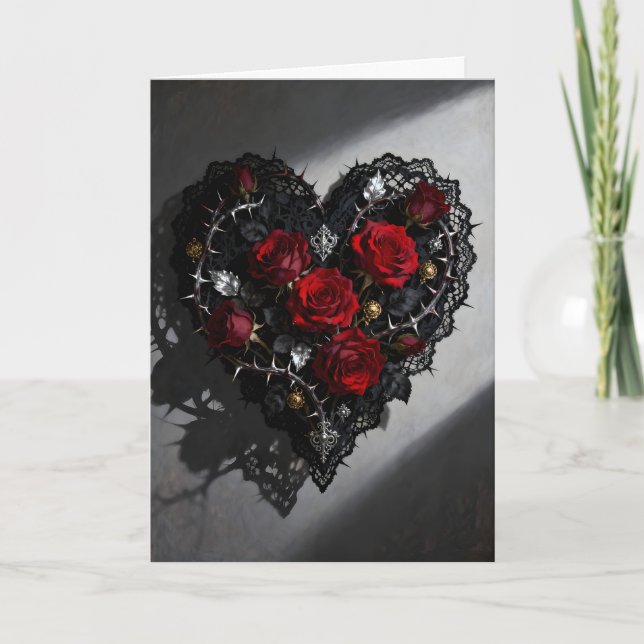 Cartão De Festividades Gothic Heart and Roses Valentine's Day (Frente)
