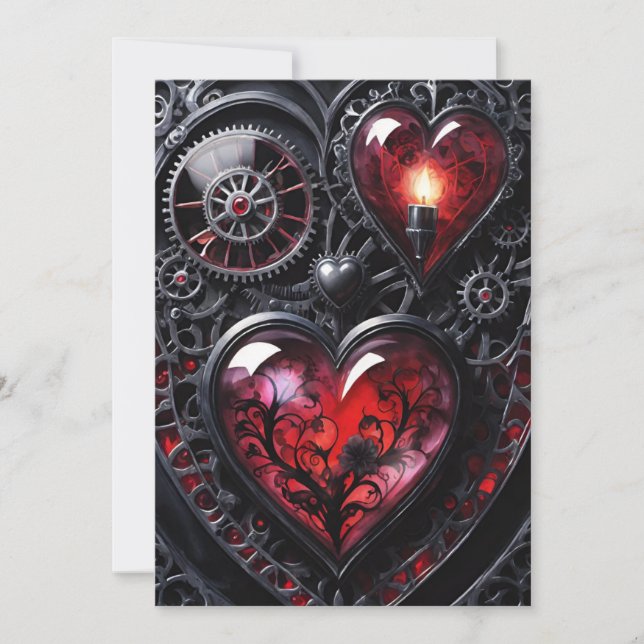 Cartão De Festividades Gothic Steampunk Valentine Red & Black Gear Hearts (Frente)