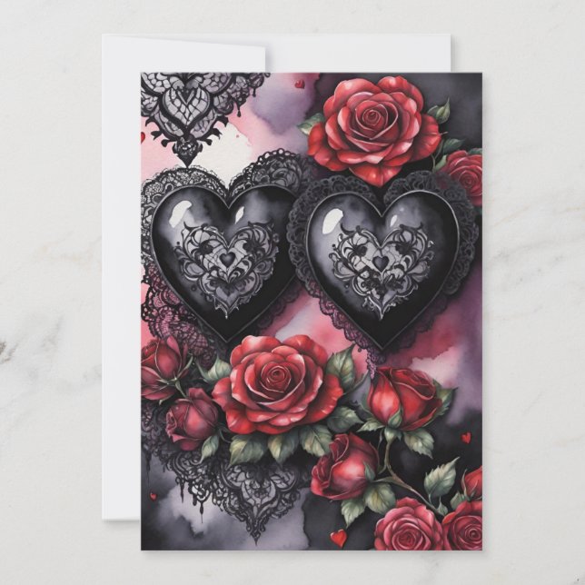 Cartão De Festividades Gothic Valentine Red Hearts Black Lace & Roses (Frente)