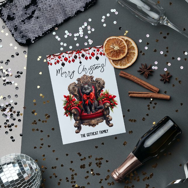 Cartão De Festividades Gótico Negro Preto Feliz Natal Preto E Vermelho (Gothic Black Cat Merry Christmas Holiday Card - Unique Design, Customizable, Perfect Holiday Gift)