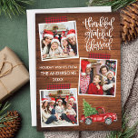 Cartão De Festividades Graças Grata Bênção Bênção da Fita de Xadrez de Ca<br><div class="desc">O Cartão de Férias de Colagem de Fotos 3,  Feliz e Feliz Abençoado,  Script de Caligrafia Moderna inclui a Fita de Artesanato de Buffalo Vermelho e o Caminhão Vermelho de Vintage de Watercolor com Árvore de Natal. Impressão de madeira rustica.</div>