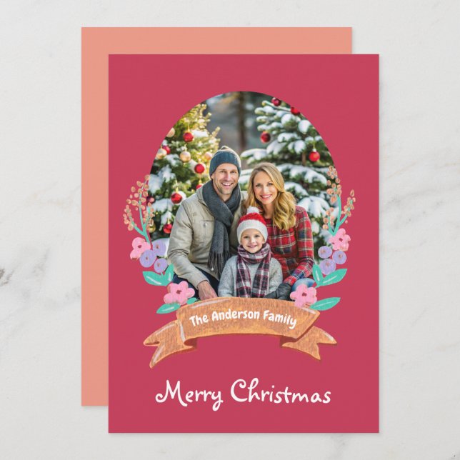 Cartão De Festividades Graceful Blossoms Floral Wreath Xmas foto vermelha (Frente/Verso)