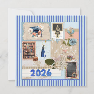 Cartão De Festividades Graduação Azul 2026, Menina, Gorro, Borla, Estante