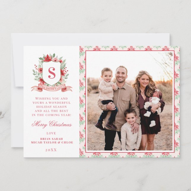 Cartão De Festividades Grandmillennial Floral Crest | Christmas Monogram (Frente)