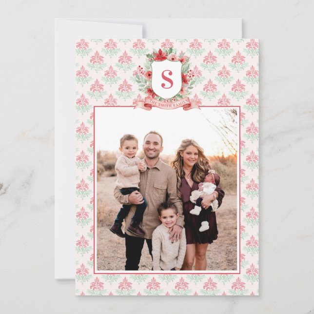 Cartão De Festividades Grandmillennial Floral Crest | Christmas Monogram (Frente)