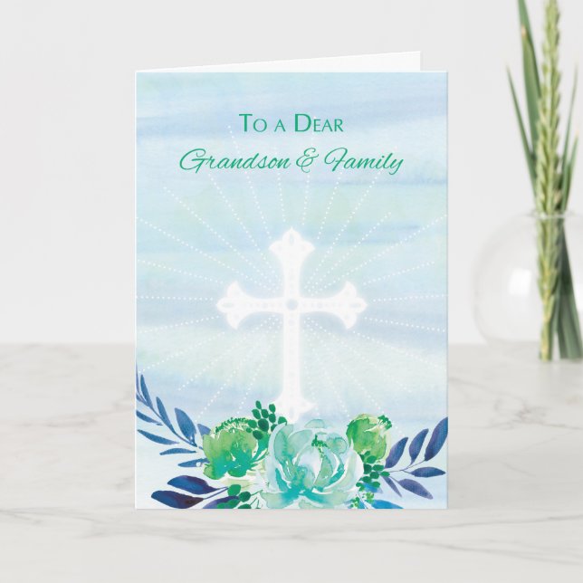 Cartão De Festividades Grandson & Family Teal Blue Flowers + Cross Easter (Frente)