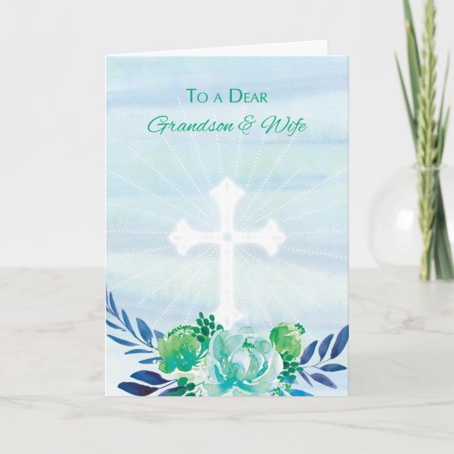 Cartão De Festividades Grandson & Wife Teal Blue Flowers w/ Cross Easter (Frente)