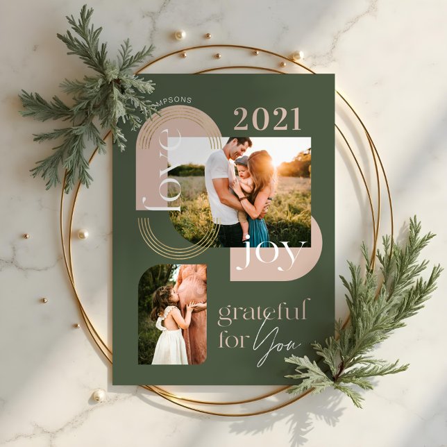 Cartão De Festividades Grata Para Você Arco Geométrico Moderno Duas Fotos (Grateful For You Modern Geometric Arch Two Photos Holiday Card)