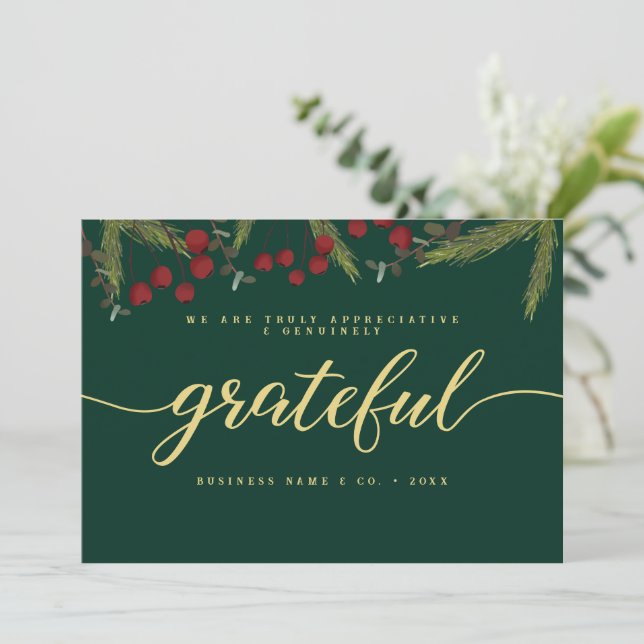 Cartão De Festividades Grateful Modern Script Holly Pine business logo  (Em pé/Frente)