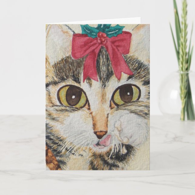 Cartão De Festividades gray kitten licking paws wearing red bow christmas (Frente)