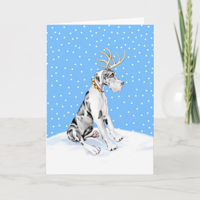 Cartão De Festividades Great Dane Reindeer Christmas Harlequin UC (Frente)
