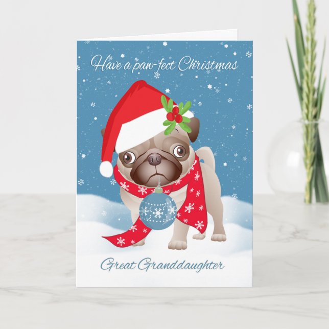 Cartão De Festividades Great Granddaughter, Pug Dog With Cute Santa Hat A (Frente)