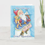 Cartão De Festividades Great Grandson Christmas Card With Cute Santa And<br><div class="desc">Great Grandson Christmas Card With Cute Santa And Toys</div>