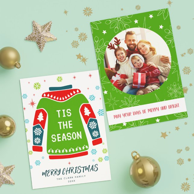 Cartão De Festividades Green 1 Photo Family Ugly Sweater Esta é a estação (Green 1 Photo Family Ugly Sweater Tis the Season Holiday Card)