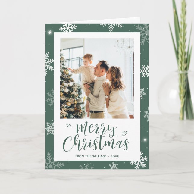 Cartão De Festividades Green 2 Photo Snowflake Merry Christmas Card (Frente)
