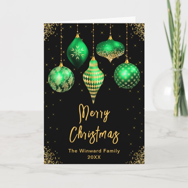 Cartão De Festividades Green and Gold Ornaments Merry Christmas (Frente)