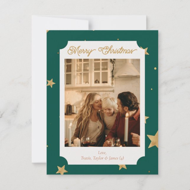 Cartão De Festividades Green and Gold Star Holiday Photo Card (Frente)