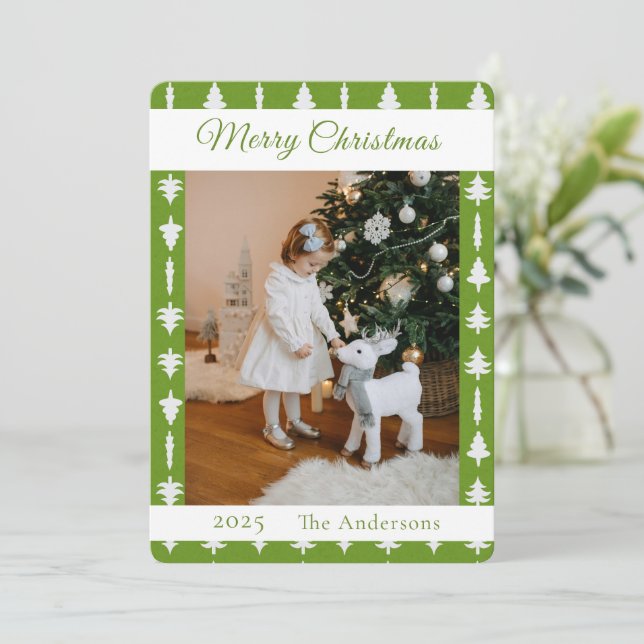 Cartão De Festividades Green and White Christmas Tree Photo  (Em pé/Frente)