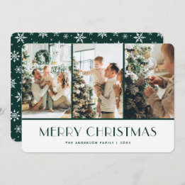 Cartão De Festividades Green and White Snowflakes Photo Christmas Card