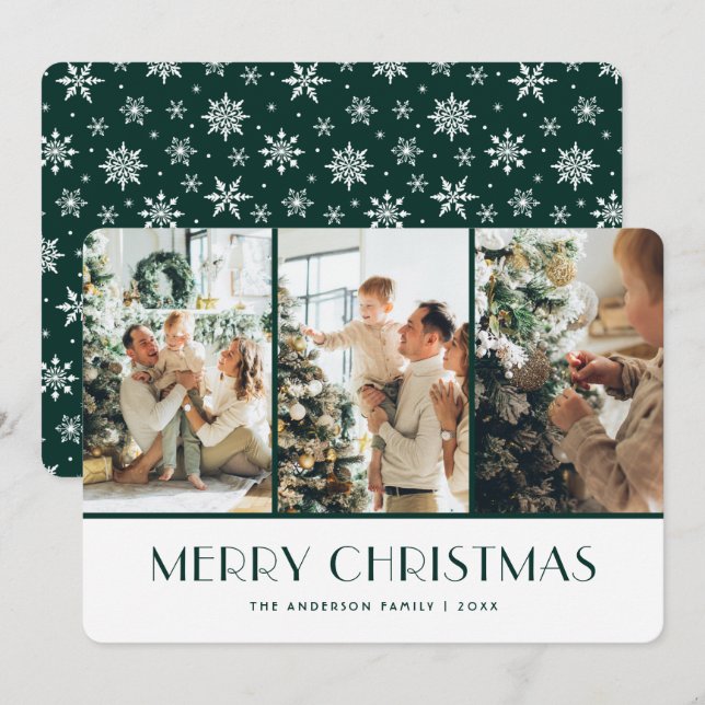 Cartão De Festividades Green and White Snowflakes Photo Christmas Card (Frente/Verso)