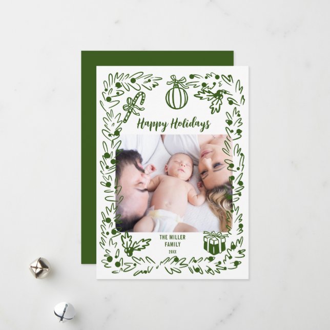 Cartão De Festividades Green and white whimsical Christmas Photo Card (Frente/Verso In Situ)
