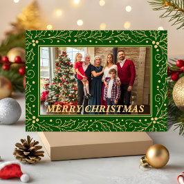Cartão De Festividades Green & Antique-Gold Family Christmas Photo