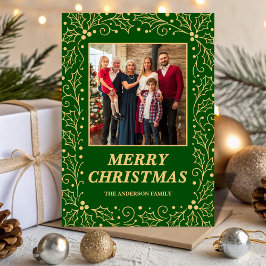 Cartão De Festividades Green & Antique-Gold Family Photo Christmas