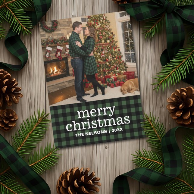Cartão De Festividades Green & Black Buffalo Plaid Merry Christmas Photo  (Criador carregado)