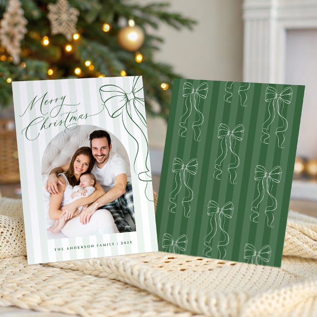 Cartão De Festividades Green Bow Merry Christmas Photo Card (Criador carregado)