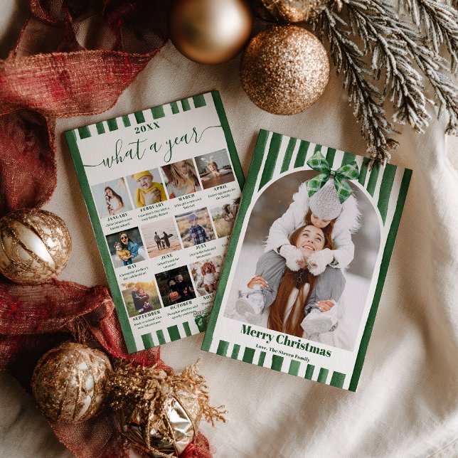 Cartão De Festividades Green Bow Stripe Plaid Christmas Photo Year Review (Green Bow Stripe Plaid Christmas Photo Year Review Holiday Card)