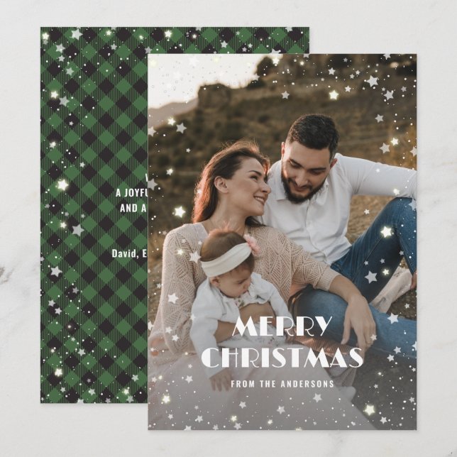 Cartão De Festividades Green Buffalo Plaid Snow Stars Photo Christmas (Frente/Verso)
