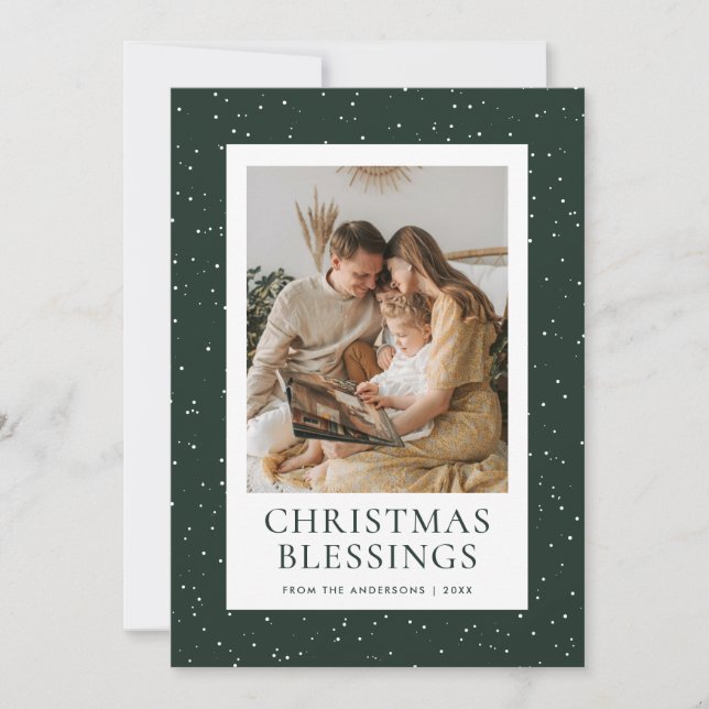 Cartão De Festividades Green Christmas Blessings Snow Photo (Frente)