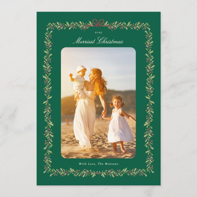 Cartão De Festividades green christmas bow botanical frame photo  (Frente)