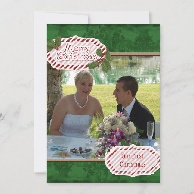 Cartão De Festividades Green Damask n Holly Photo Christmas Card (Frente)