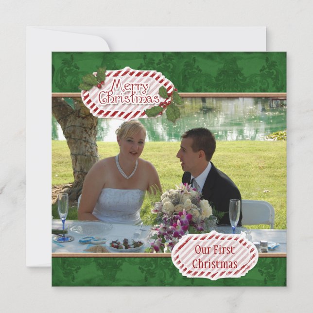 Cartão De Festividades Green Damask n Holly Photo Christmas Card (Frente)