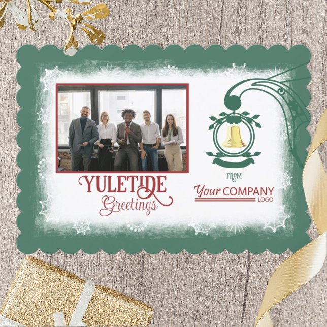 Cartão De Festividades Green de inverno, Burgundy Red Script Dourado Bell (green red burgundy business Christmas holiday greeting card, company logo and photo, gold bell)