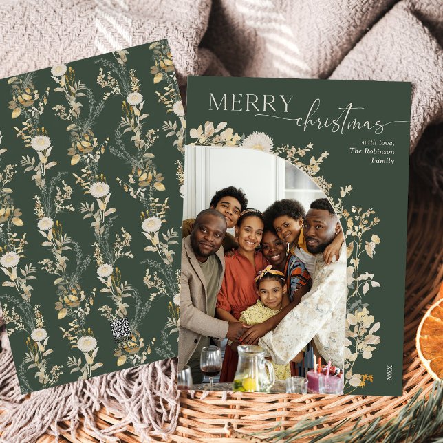 Cartão De Festividades Green Floral 1 Photo Arch Merry Christmas Card (Criador carregado)