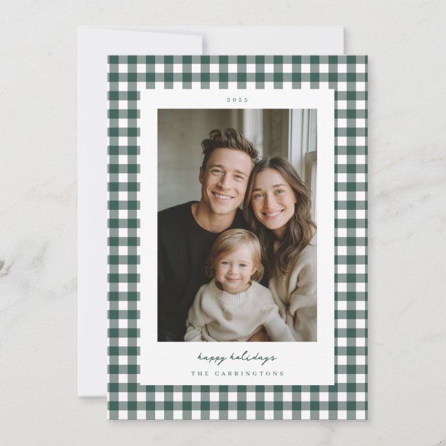 Cartão De Festividades Green Gingham Holiday Photo Card (Frente)