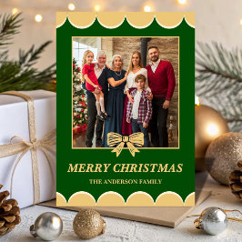 Cartão De Festividades Green & Gold Bow Scalloped Family Christmas Photo