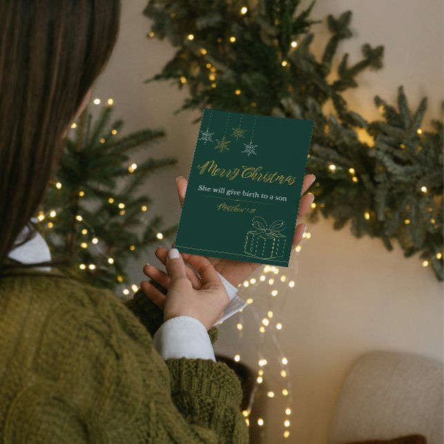 Cartão De Festividades Green & Gold Christian Christmas Card – Matt. 1:21 (Criador carregado)
